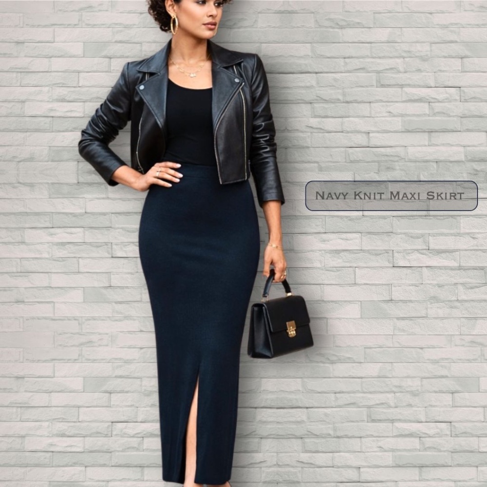 Navy Knit Maxi Skirt | Elegant Slim Fit | Back Slit | Effortless Chic | Bundle💲